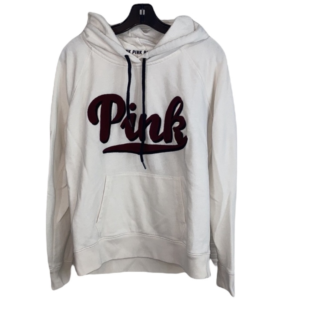 PINK hoodie in creamy white with puffy maroon script logo